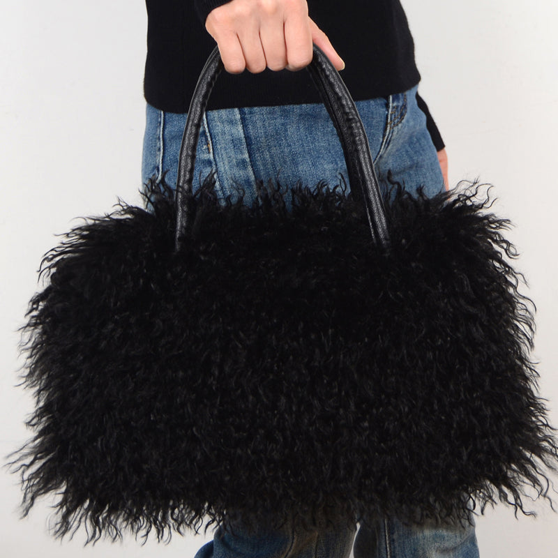 Imitation Wool Tote Bag With Genuine Leather Handles Handbag