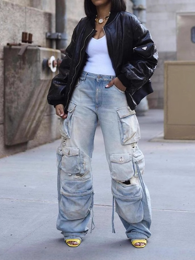 Multi-pocket Distressed Cargo Jeans