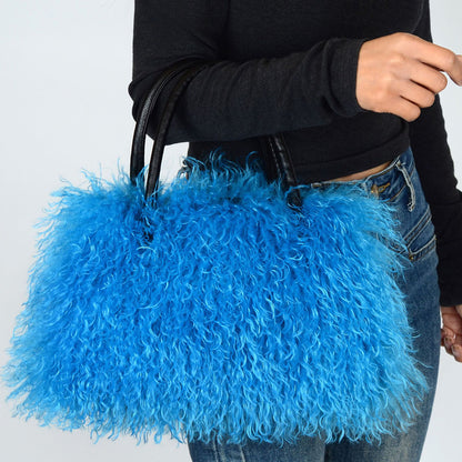 Imitation Wool Tote Bag With Genuine Leather Handles Handbag