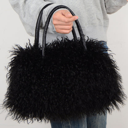 Imitation Wool Tote Bag With Genuine Leather Handles Handbag