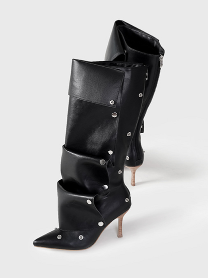 Rivet Buckle Stitching Two-way Denim Pleated Pile Boots