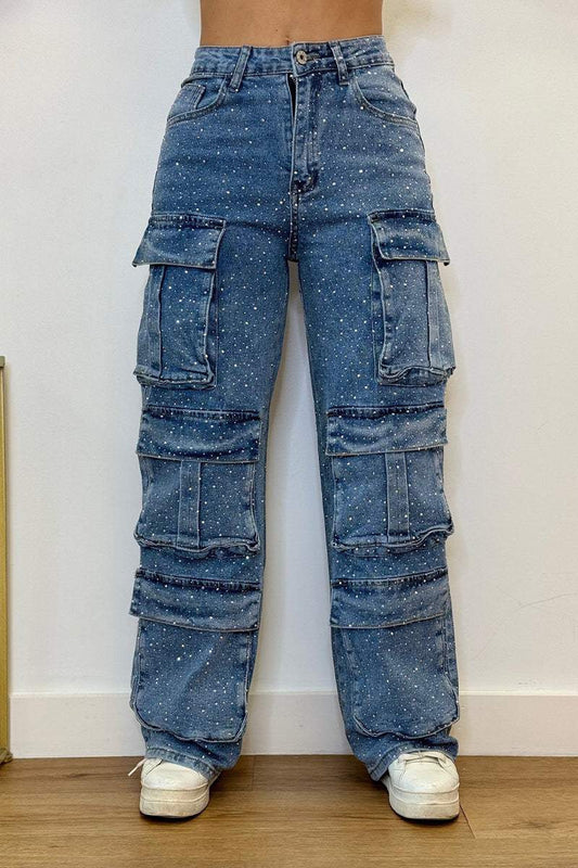 Multi-pocket Diamond-studded Cargo Jeans