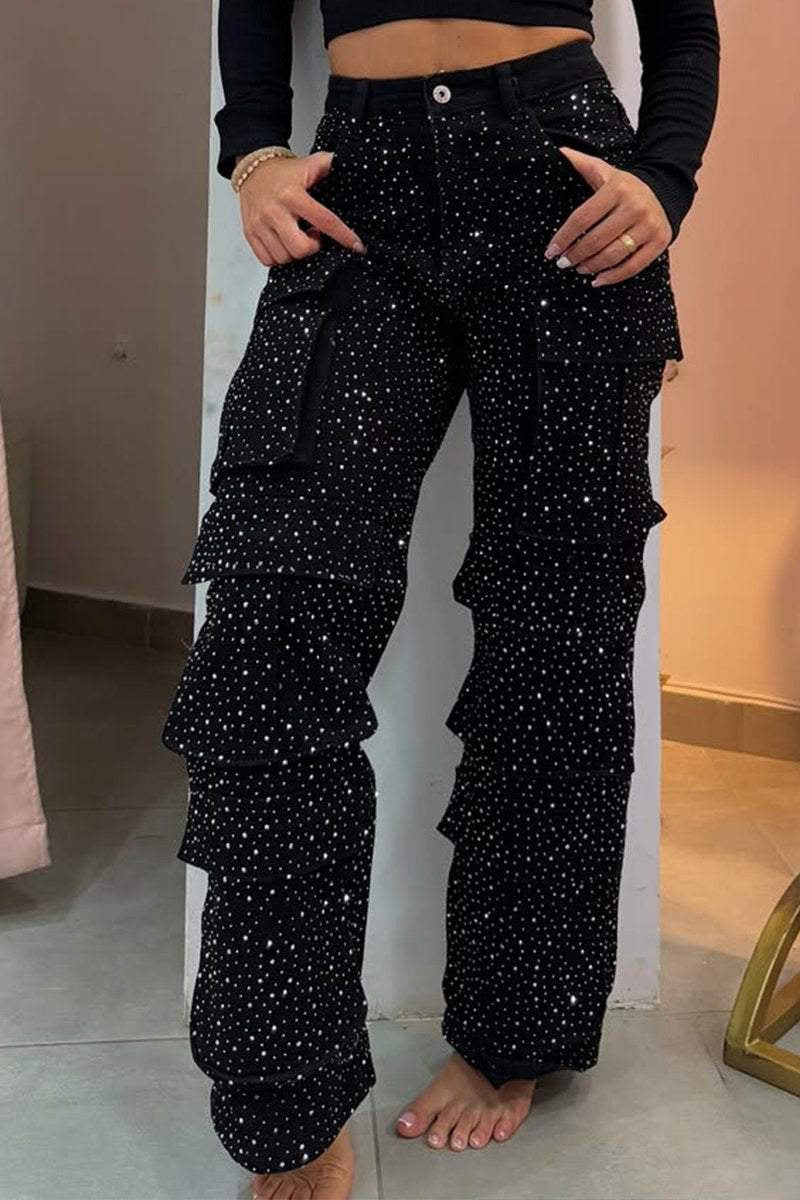 Multi-pocket Diamond-studded Cargo Jeans