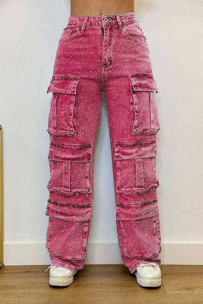Multi-pocket Diamond-studded Cargo Jeans