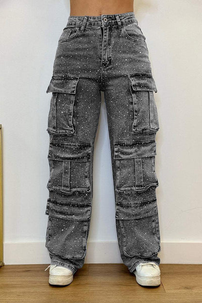 Multi-pocket Diamond-studded Cargo Jeans