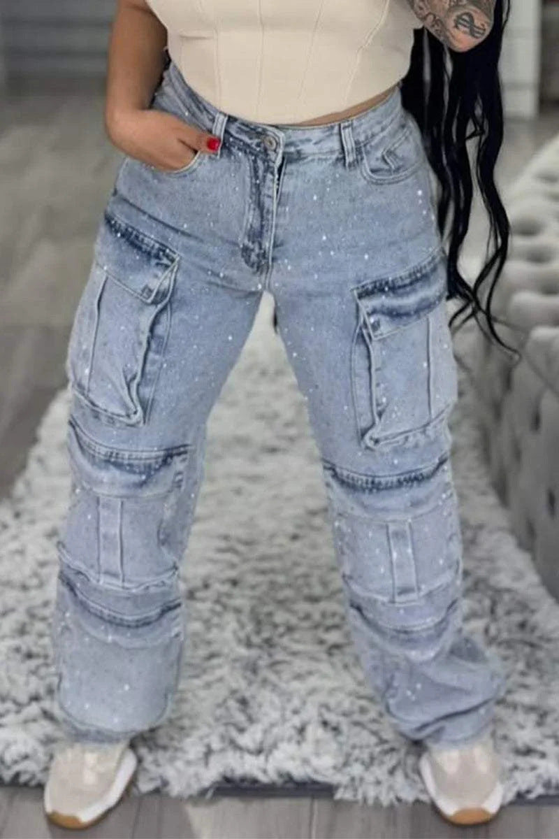 Multi-pocket Diamond-studded Cargo Jeans