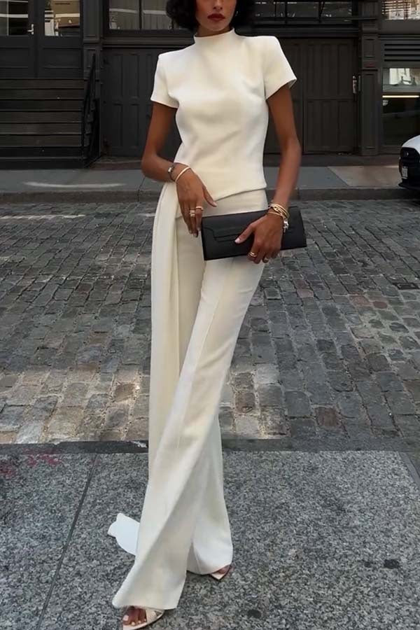 Asymmetrical High-Neck Top With Drapey Pants Set