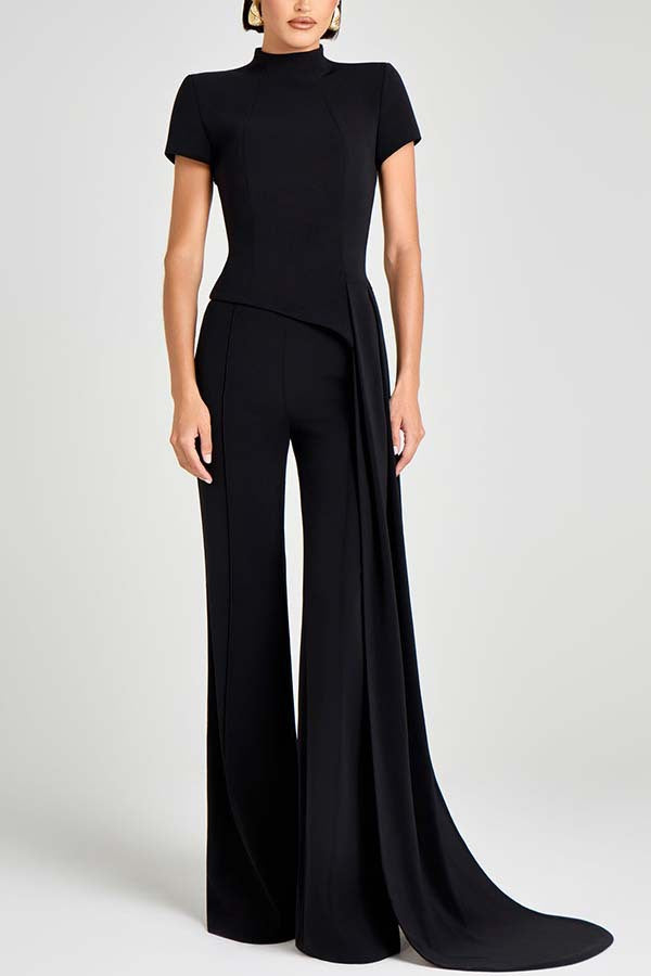 Asymmetrical High-Neck Top With Drapey Pants Set