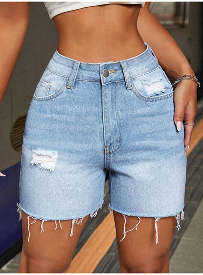 High-waisted Stretch Ripped Denim Shorts