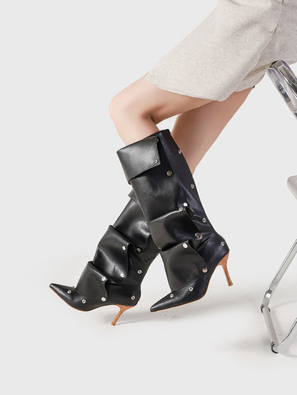 Rivet Buckle Stitching Two-way Denim Pleated Pile Boots