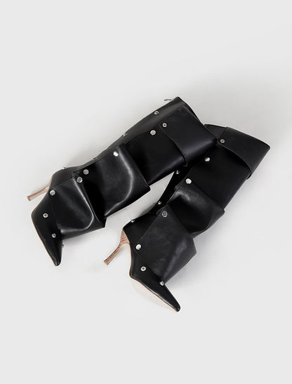 Rivet Buckle Stitching Two-way Denim Pleated Pile Boots