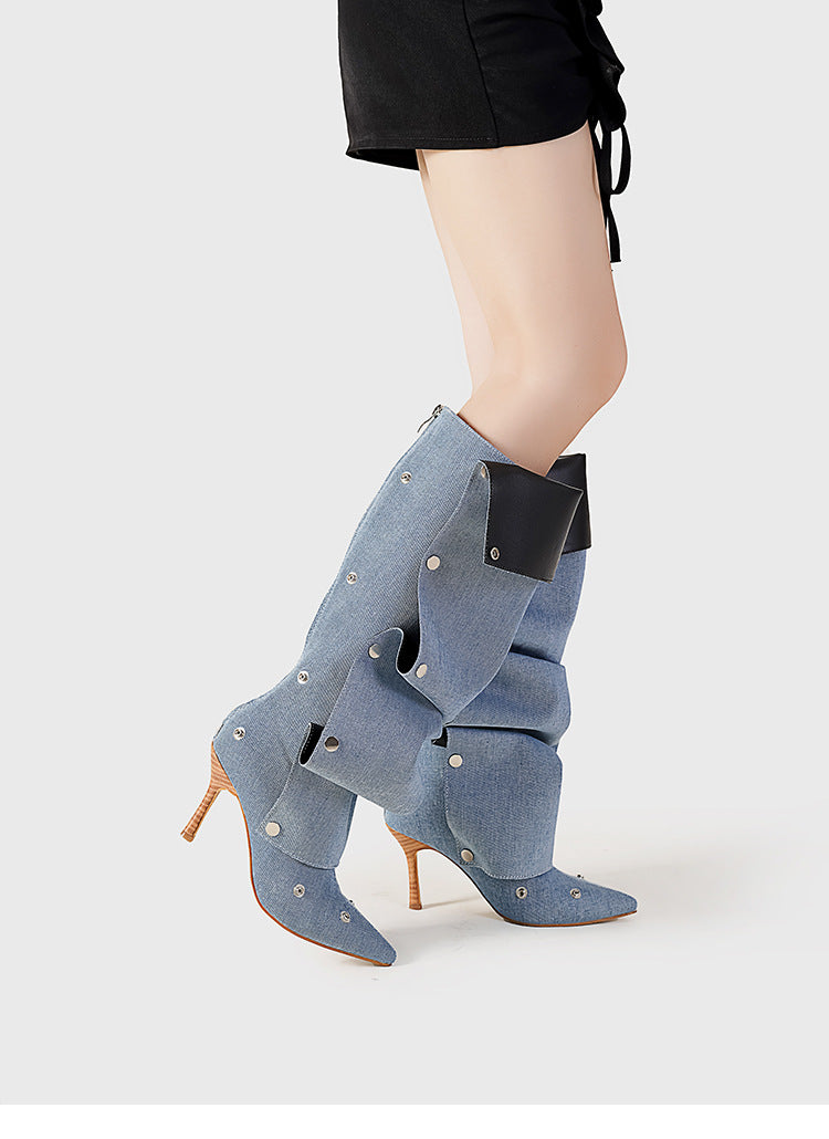 Rivet Buckle Stitching Two-way Denim Pleated Pile Boots