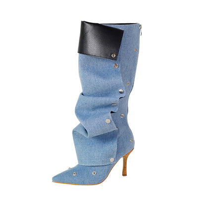 Rivet Buckle Stitching Two-way Denim Pleated Pile Boots