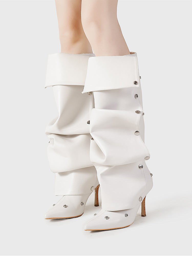 Rivet Buckle Stitching Two-way Denim Pleated Pile Boots