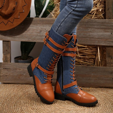 Round-toe Leather-trimmed Riding Boots With Buckle