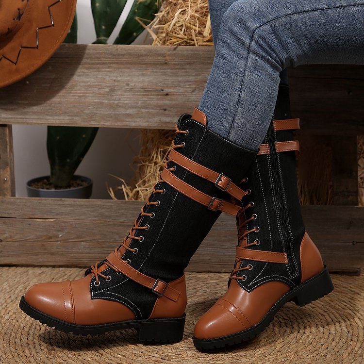 Round-toe Leather-trimmed Riding Boots With Buckle