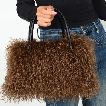 Imitation Wool Tote Bag With Genuine Leather Handles Handbag