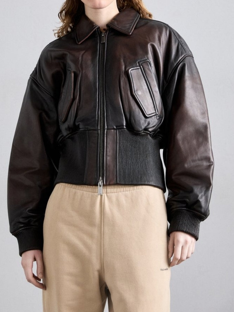 Lapel Zip Closure Cropped Leather Jacket