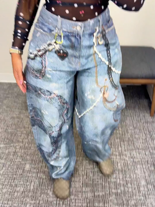 Retro Print Barrel Leg Jeans