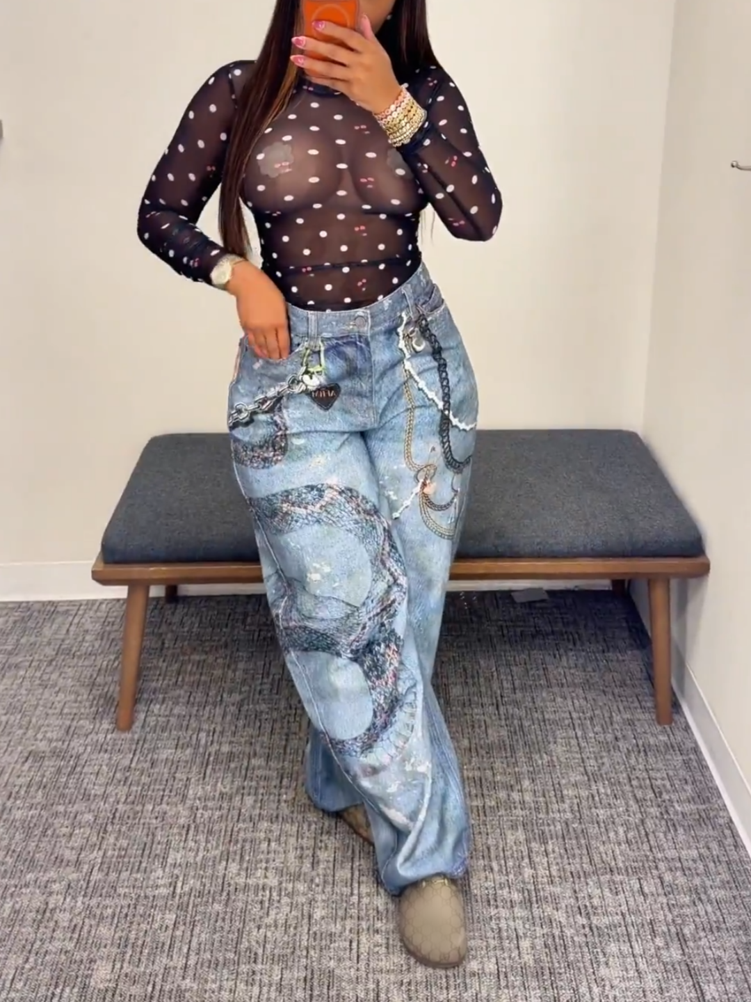 Retro Print Barrel Leg Jeans