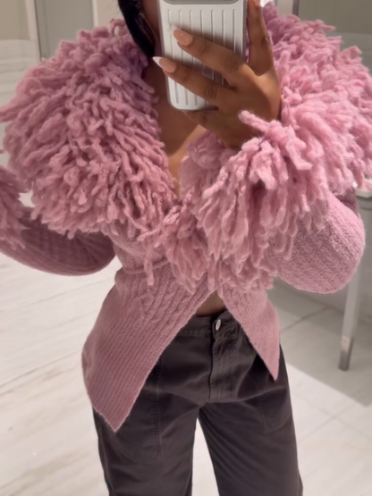 Statement Fringed Ribbed Knit Cardigan