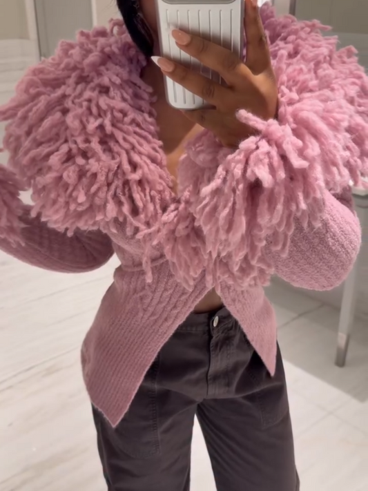 Statement Fringed Ribbed Knit Cardigan