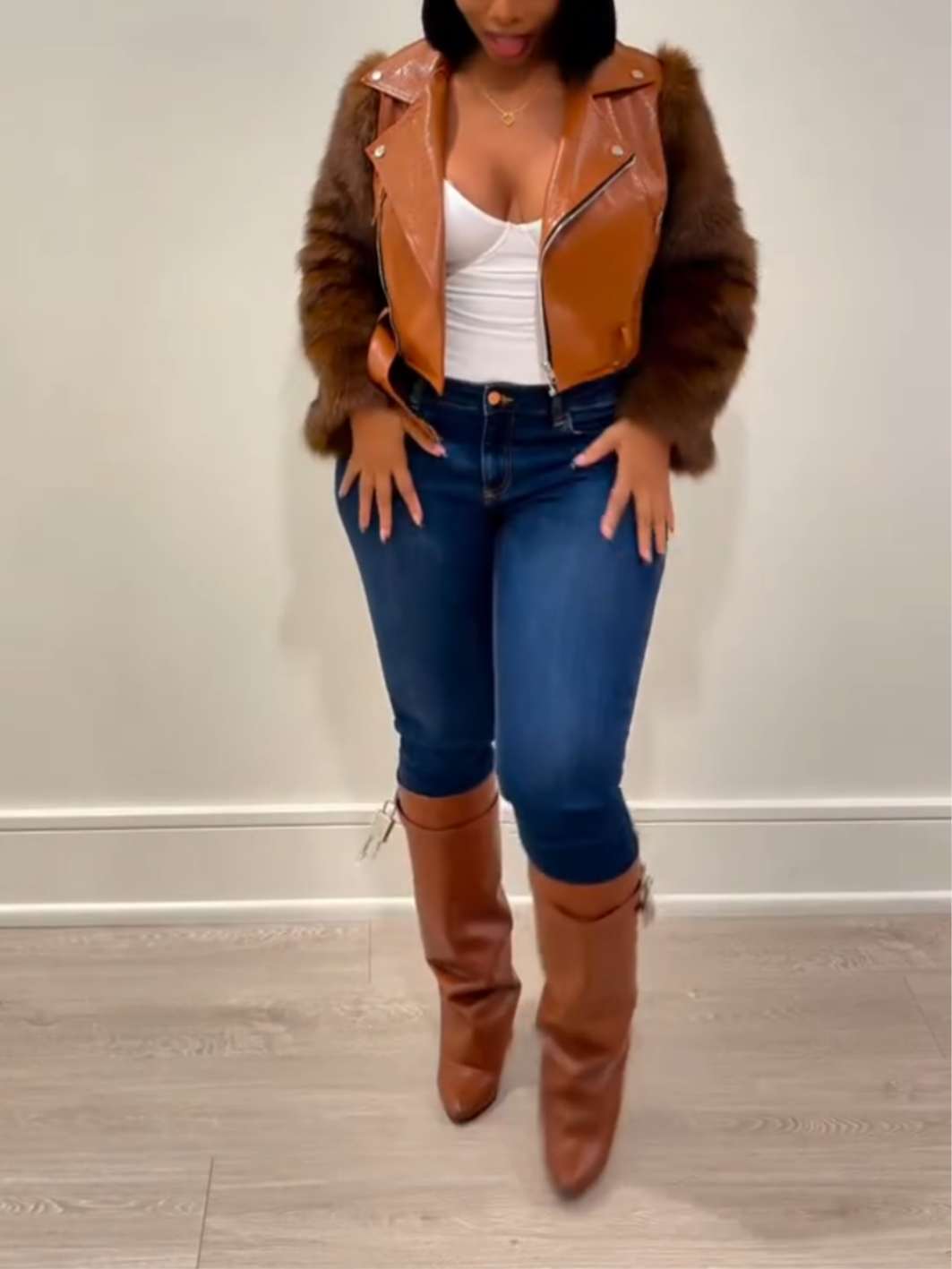 Patchwork Faux Leather Jacket With Fuzzy Sleeves