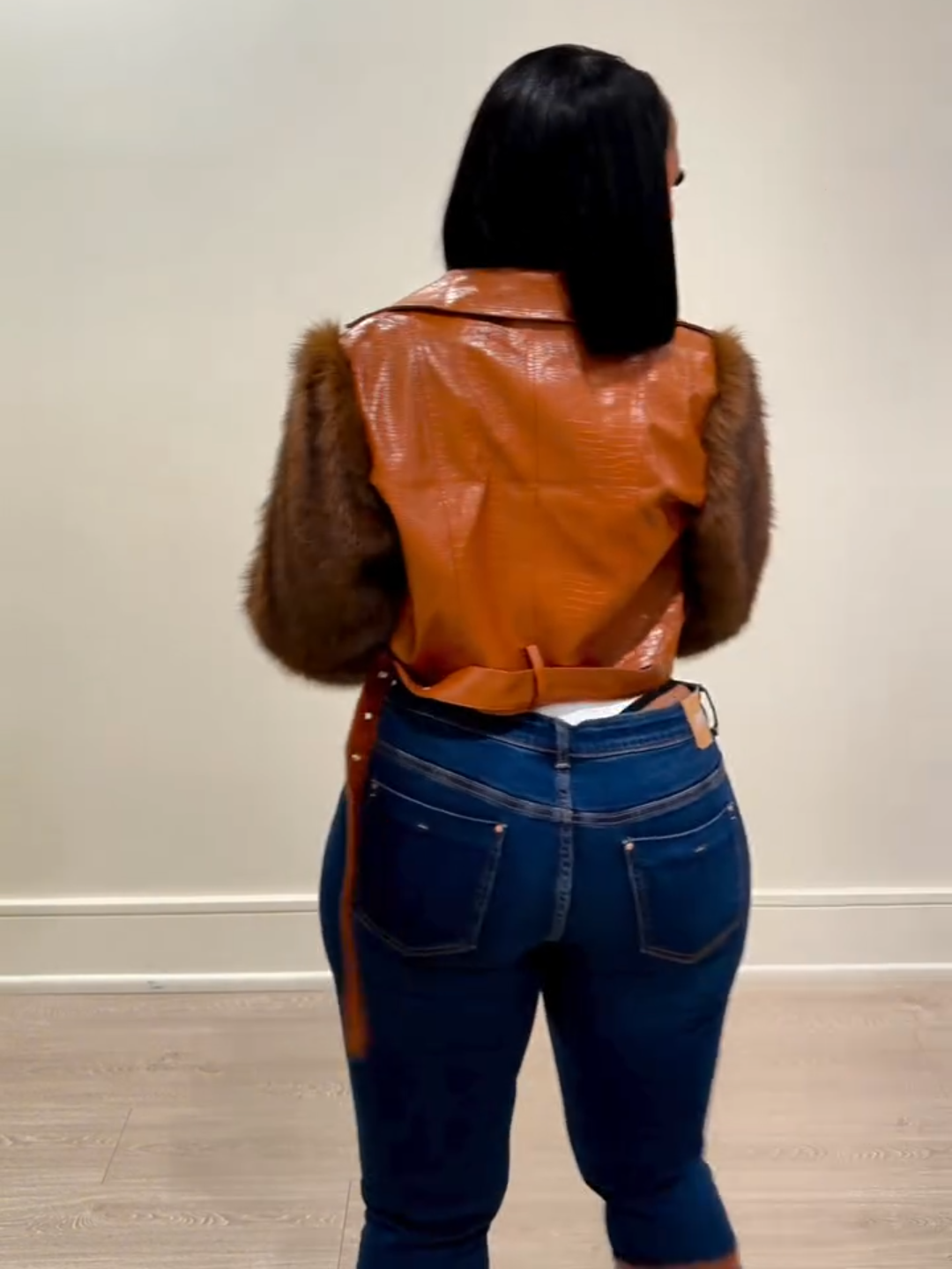 Patchwork Faux Leather Jacket With Fuzzy Sleeves