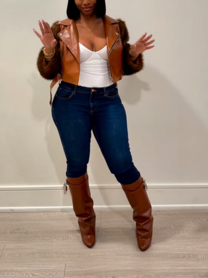 Patchwork Faux Leather Jacket With Fuzzy Sleeves