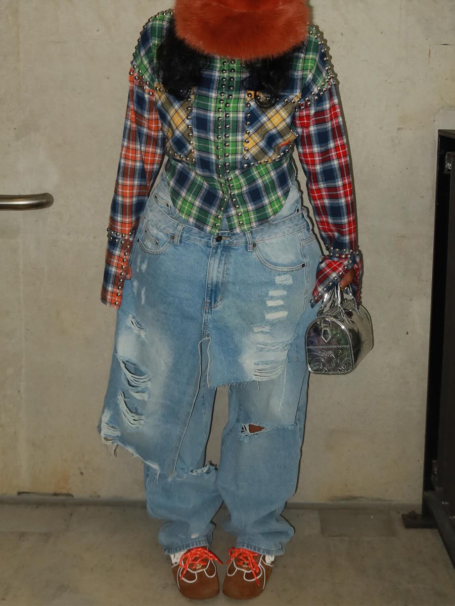Studded Plaid Print Patchwork Shirt