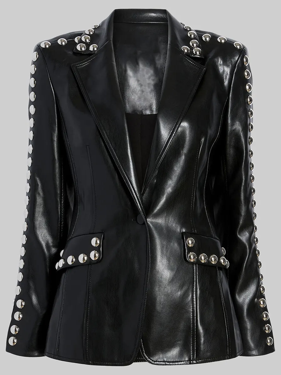 Lapel Style Collar Studded Faux Leather Blazer