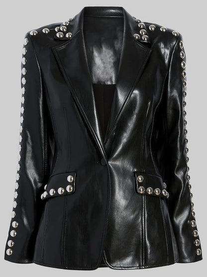 Lapel Style Collar Studded Faux Leather Blazer