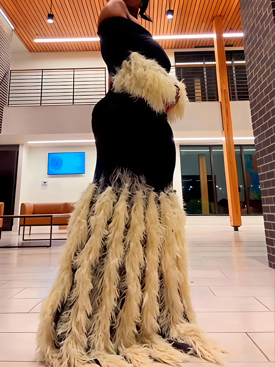 Feather Tirm Off Shoulder See-through Maxi Dress