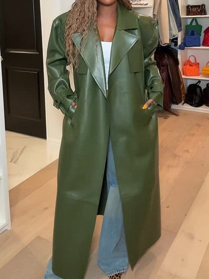 Wide Lape PU Belted Trench Coat