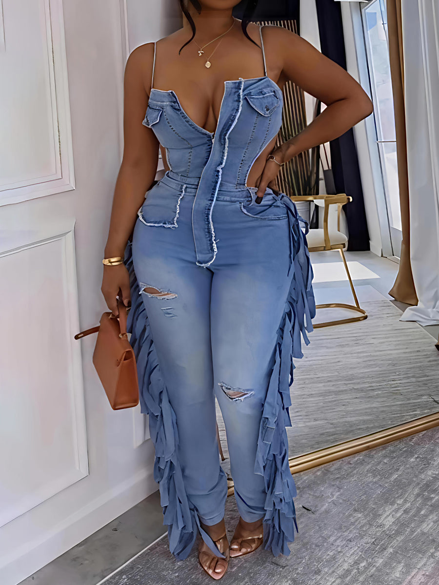 Fashion Cut-out Fringed Denim Jumpsuit