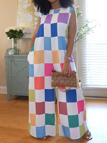 Fashion Check Color Stitching Jumpsuit