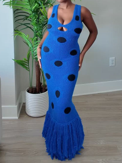 Fringe Hem Deep V Neck Cutout Dress