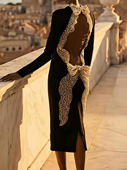 Pearl Adorned Neck Strap Open Back Midi Dress