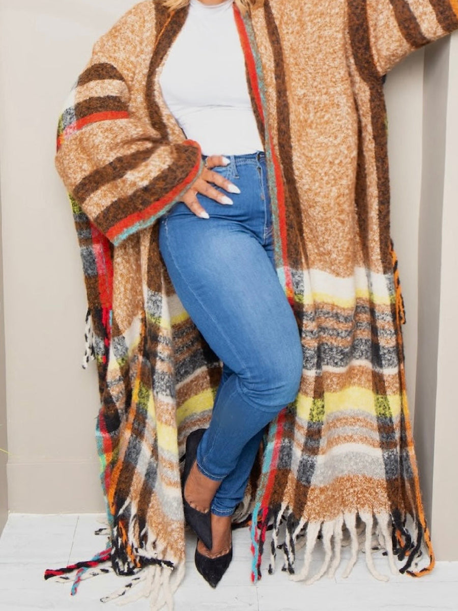 Multi-color Fringed Hem Poncho Coat