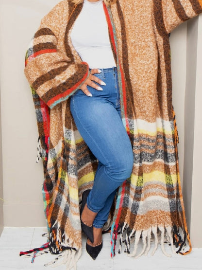 Multi-color Fringed Hem Poncho Coat