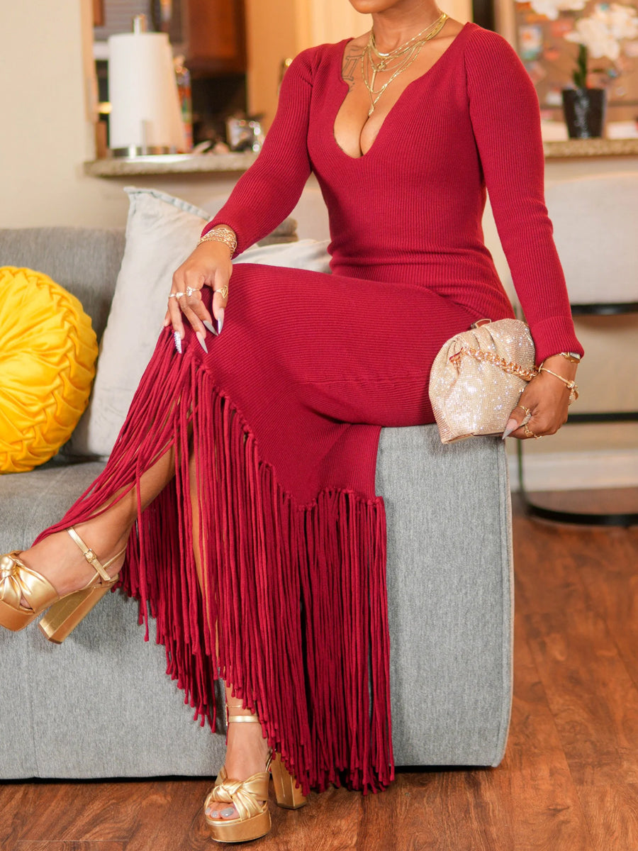 Elegant V Neck Long Sleeve Fringed Maxi Dress