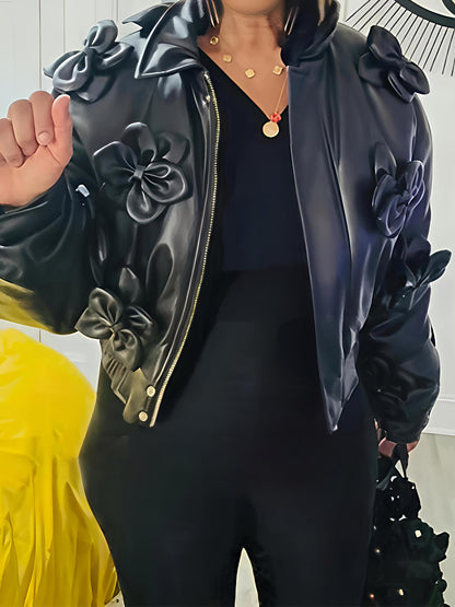 3D Floral Faux Leather Elastic Waistband Bomber