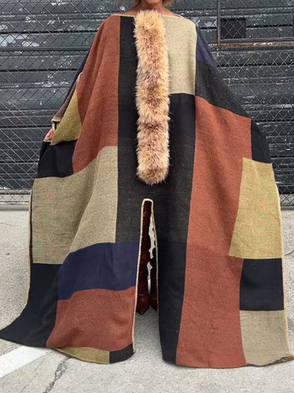Removable Faux Fur Color Block Poncho