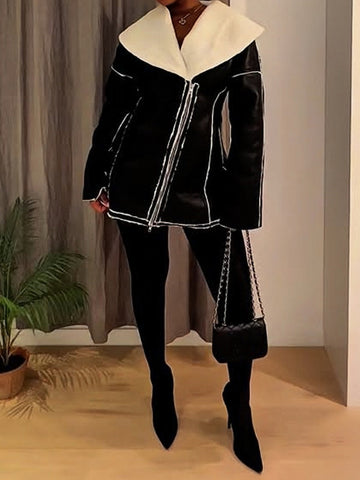 Fur Lapel Zipper Pockets Jacket