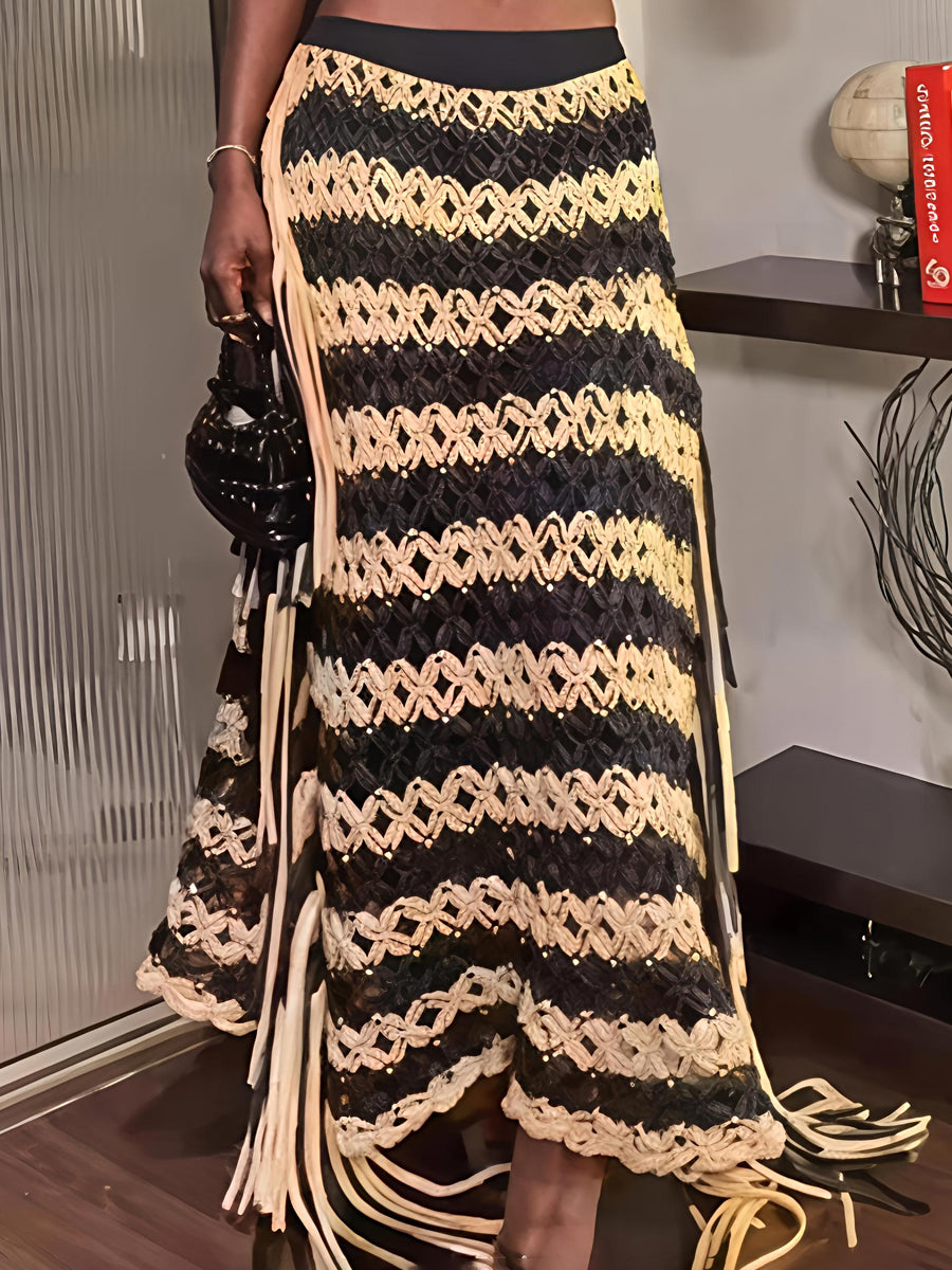 Knotted Fringe Striped Hand-made Mxi Skirt
