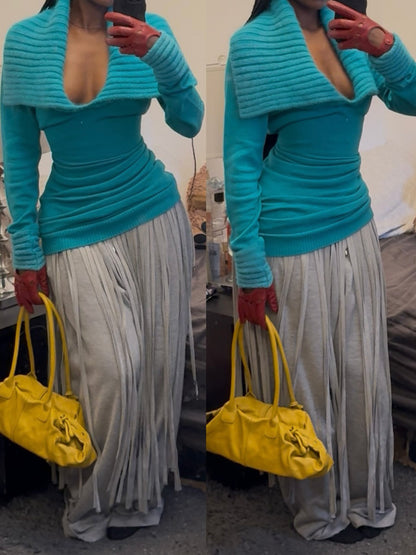 Deep V Neck Patchwork Knitted Sweater