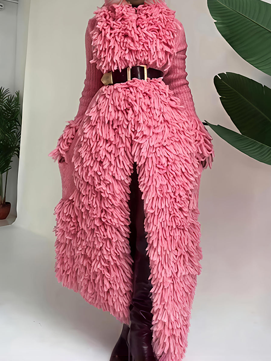 Fringed Tirm Knitted Long Coat Without Belt