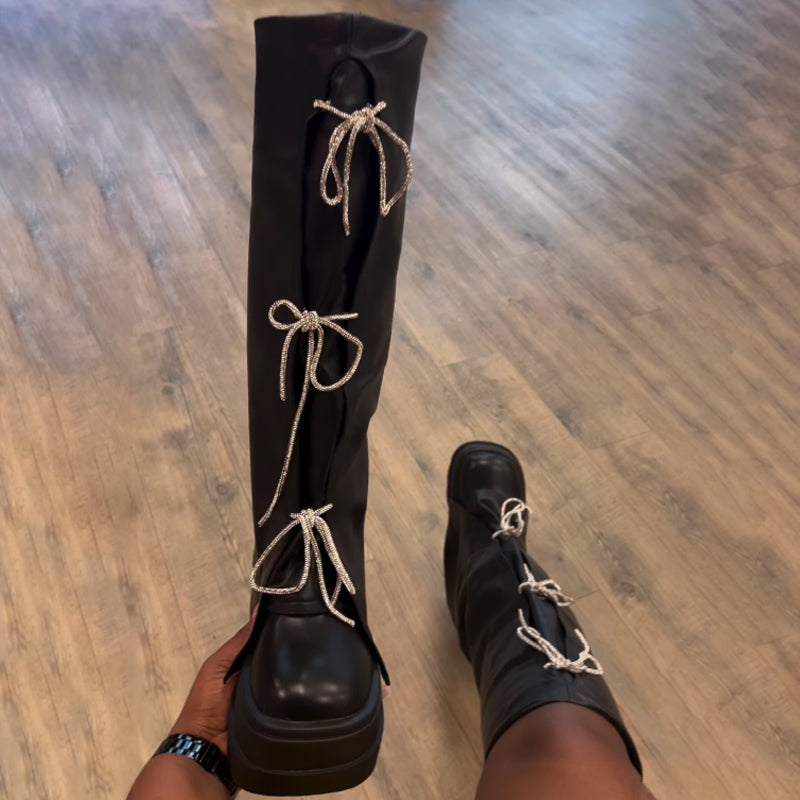 Shinny Bow Detail Platform Boots