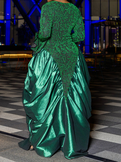 Elegant Printed Flare Sleeve Patchwork Maxi Dress