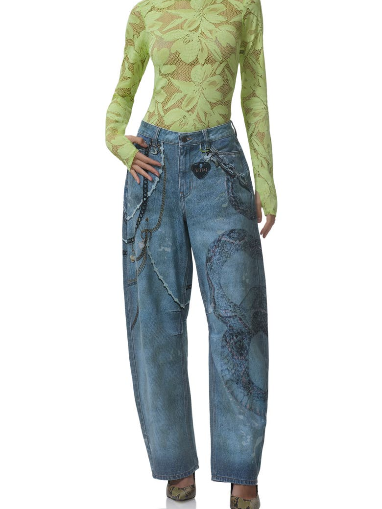 Retro Print Barrel Leg Jeans